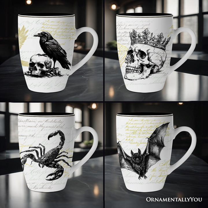 (Pre-Order) Elegant Goth Set of 4 Ceramic Mugs with Real Gold Trim, Black and White Spooky Halloween Coffee Cup Kitchen Gift Mug Sets OrnamentallyYou