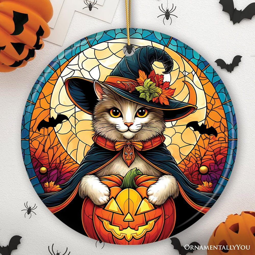 Enchanted Cat Witch Stained Glass Style Ceramic Ornament, Halloween Themed Christmas Gift and Decor Ceramic Ornament OrnamentallyYou White Cat Version 