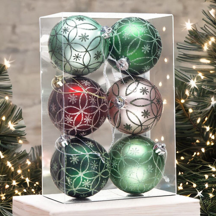 Enchanting Subtle Nature Ornament Bundle, Set of 6 Pine Green, Light Green, Mint Green, Pink and Matte Red Baubles Ornament Bundle OrnamentallyYou