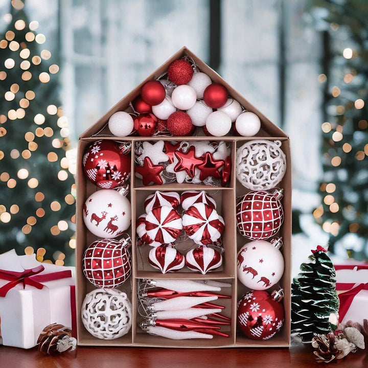 Endearing Prominent Red and White Christmas Ornament Set, Bauble Bundle with Candycane Colors and Patterns 70 Pieces Ornament Bundle OrnamentallyYou
