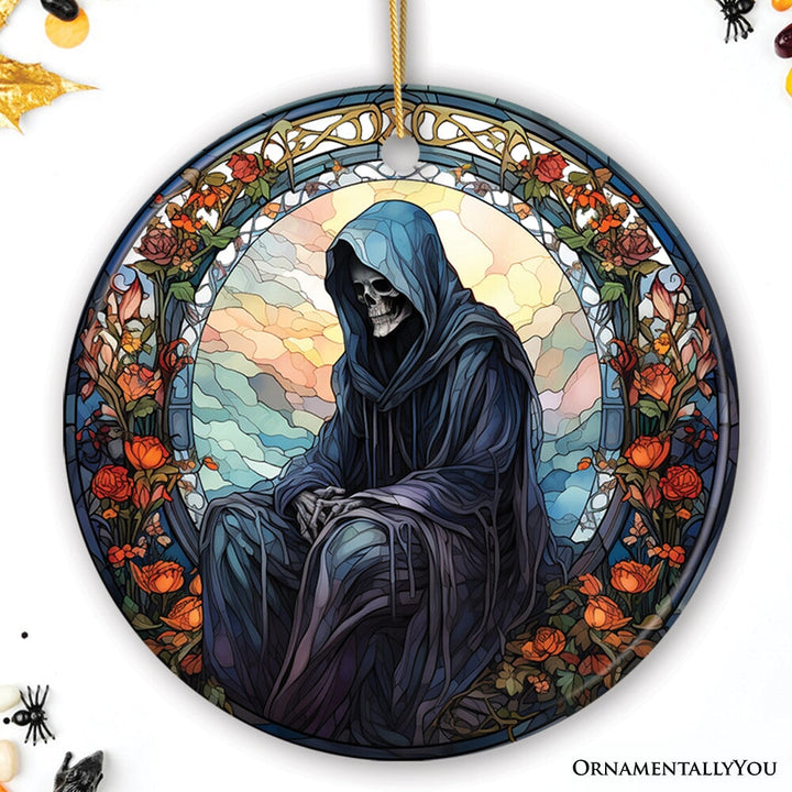 Ethereal Revenant: Halloween Angel of Death Stained Glass Style Ceramic Ornament, Halloween Themed Christmas Gift Ceramic Ornament OrnamentallyYou Circle