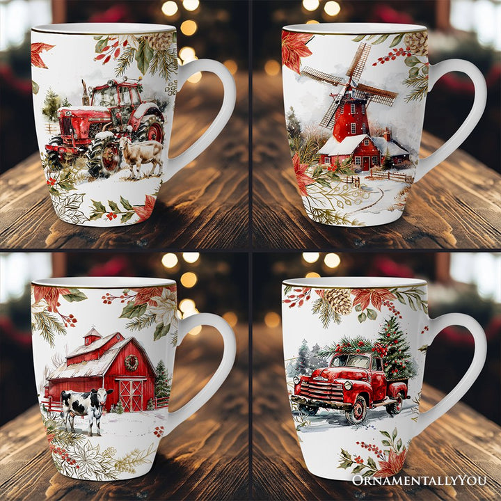(Pre-Order) Fancy Farmhouse Holiday Set of 4 Ceramic Mugs with Real Gold Trim, Rustic Christmas Kitchen Coffee Cup Decoration Mug Sets OrnamentallyYou