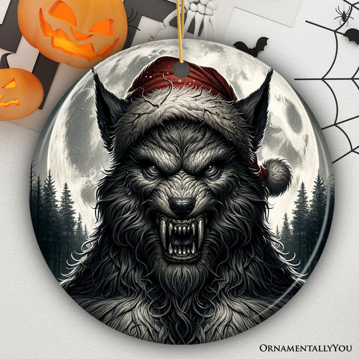 Ferocious Werewolf with Santa Hat Ornament, Terrifying Holiday Gift for Halloween Lovers Ceramic Ornament OrnamentallyYou Circle Version 1