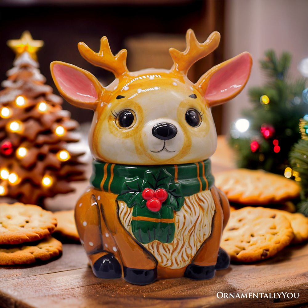 (Pre-Order) Festive Reindeer 10" Cookie Jar, Christmas Kitchen Festive Deer Decoration Cookie Jars OrnamentallyYou