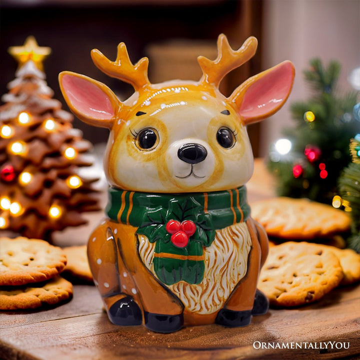 (Pre-Order) Festive Reindeer 10" Cookie Jar, Christmas Kitchen Festive Deer Decoration Cookie Jars OrnamentallyYou