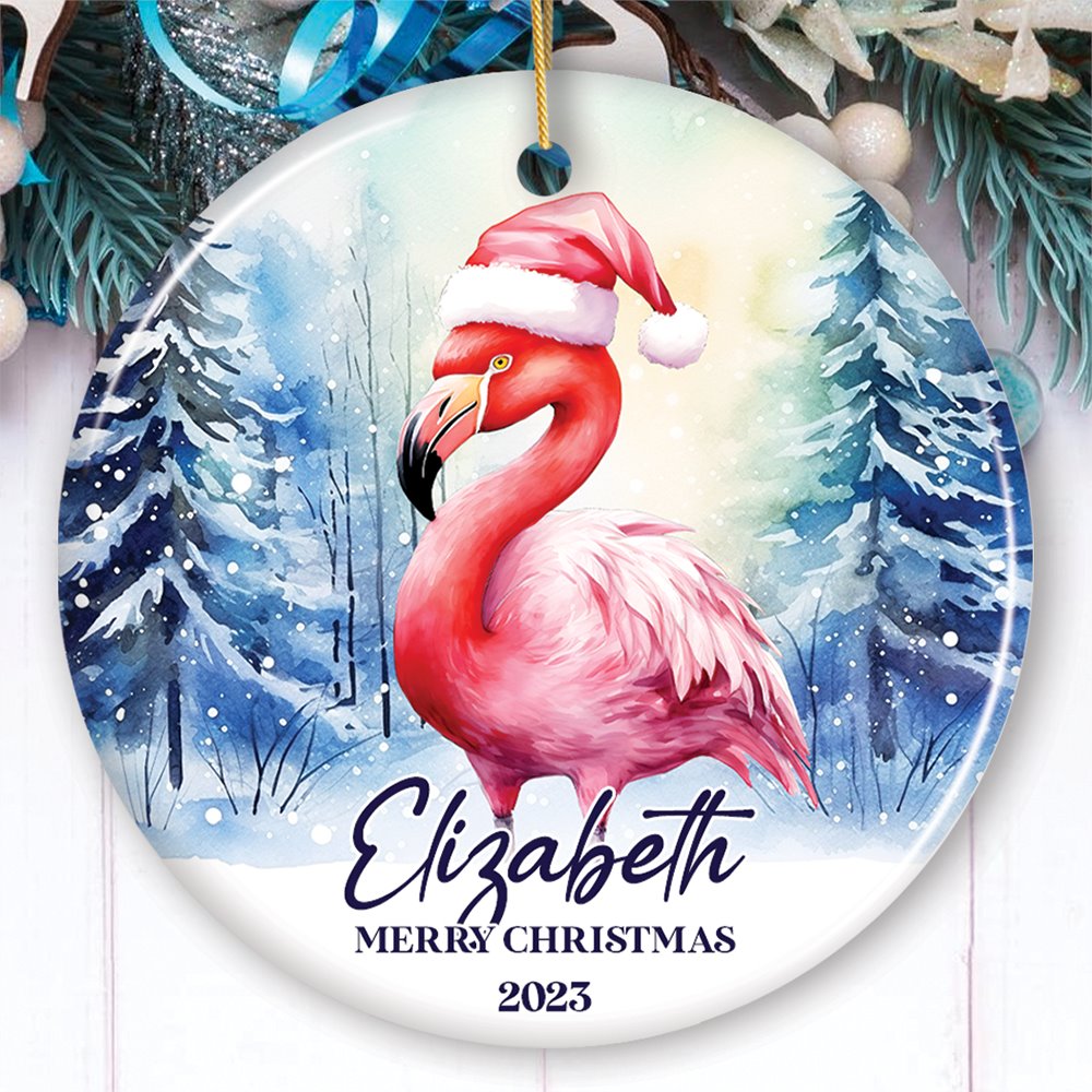 Flamingo with Santa Hat Personalized Ornament, Winter Forest Christmas Gift With Custom Name and Date Ceramic Ornament OrnamentallyYou Circle 
