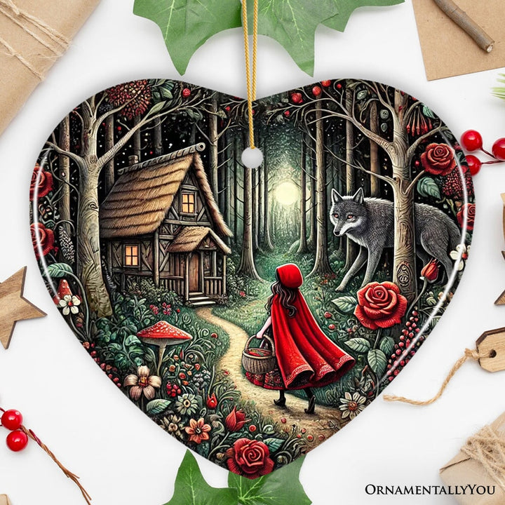 Folksy Sly Wolf and Red Riding Hood Ornament, Mystic Woodland Fantasy Holiday Decoration Ceramic Ornament OrnamentallyYou Heart