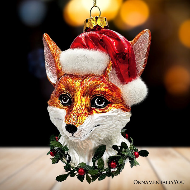 Fox with Santa Hat Glass Christmas Ornament, Woodland Animal Wreath Gift Decor Glass Ornament OrnamentallyYou