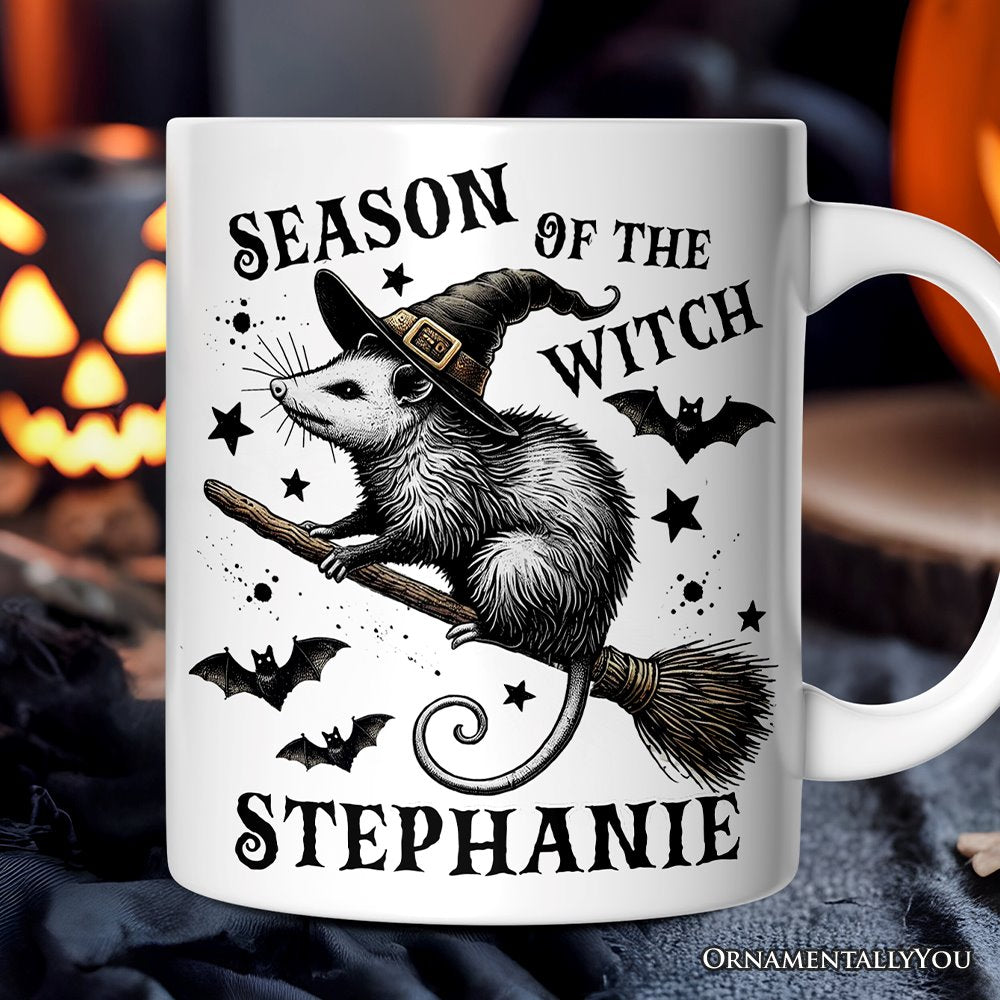 Funny Opossum Witch with Broom Personalized Mug, Vintage Halloween Gift with Custom Name Personalized Ceramic Mug OrnamentallyYou 12 oz Customized