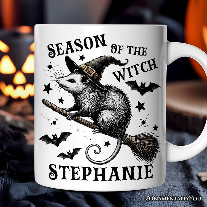 Funny Opossum Witch with Broom Personalized Mug, Vintage Halloween Gift with Custom Name Personalized Ceramic Mug OrnamentallyYou 12 oz Customized