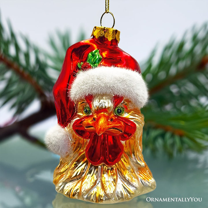 (Pre-order) Rooster with Santa Hat Handblown Glass Christmas Ornament, Farm Chicken Holiday Decor Glass Ornament OrnamentallyYou