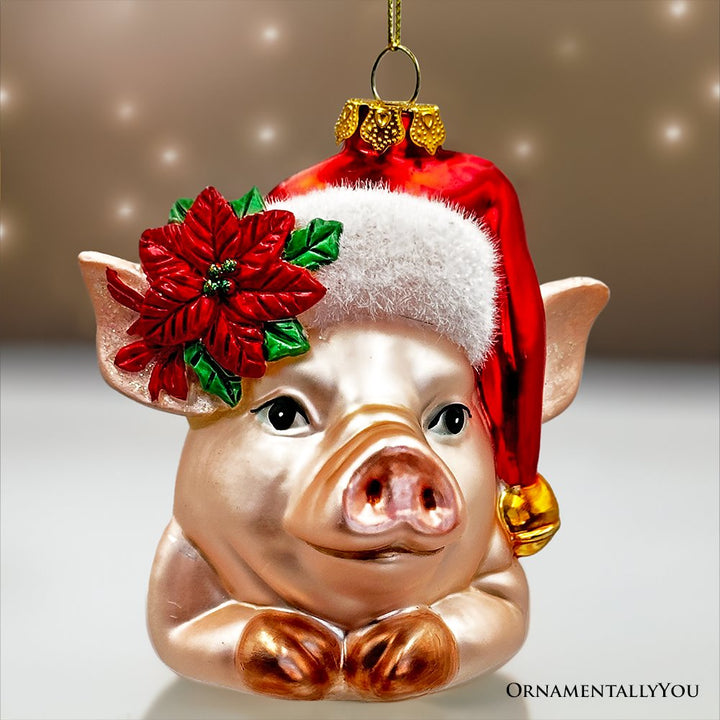 (Pre-order) Charming Pig with Santa Hat Glass Christmas Ornament, Cute Farmhouse Tree Decor Glass Ornament OrnamentallyYou