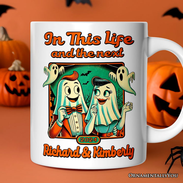 Ghost Lovers Through Next Lives, Personalized Halloween Mug, Retro Gift for Couples Personalized Ceramic Mug OrnamentallyYou 12oz Mug Customized