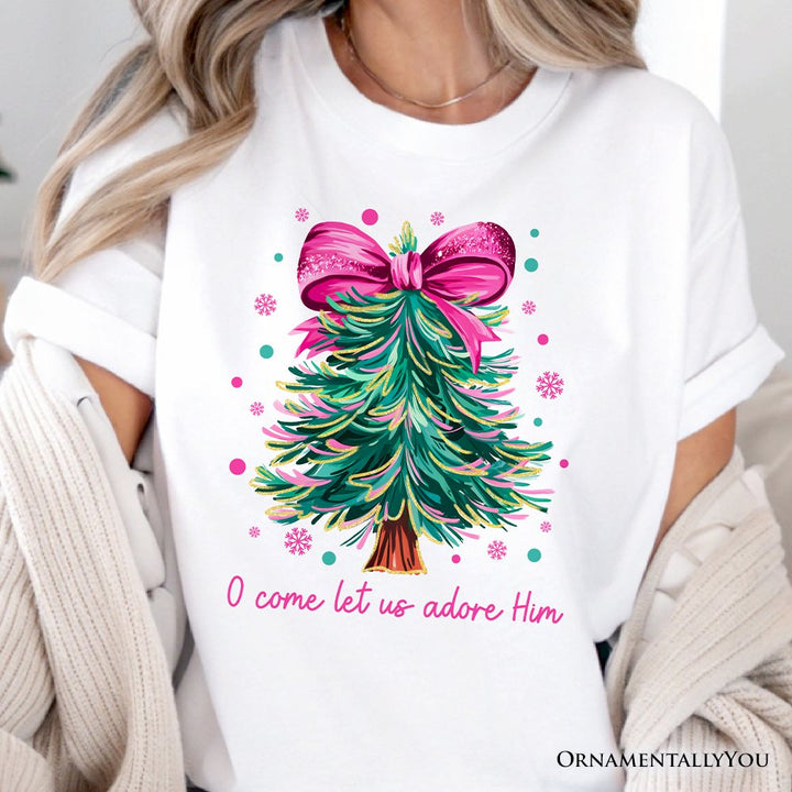 Glitter Christmas Tree Coquette Bow T‑Shirt, O Come Let Us Adore Him Holiday Tee T-Shirts OrnamentallyYou