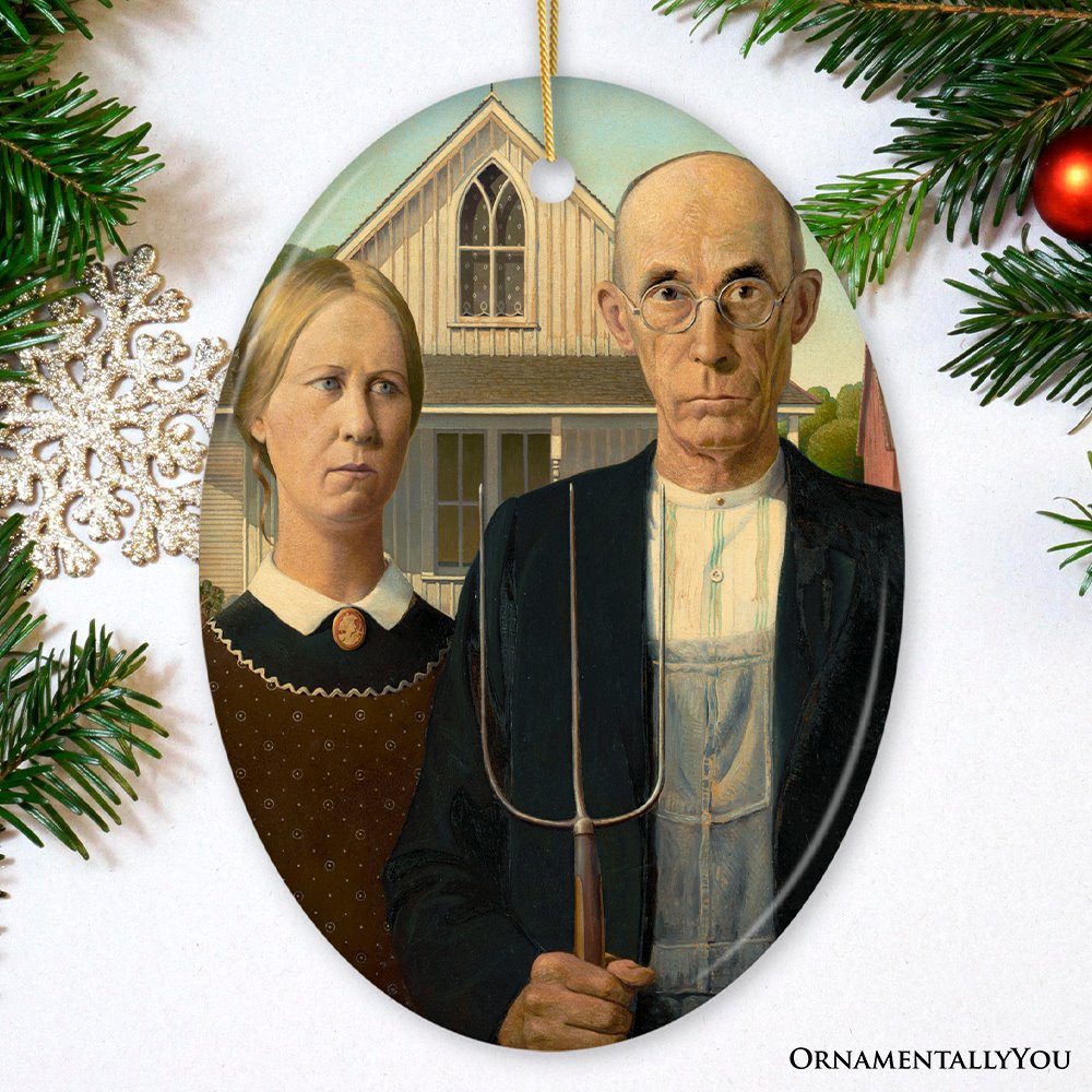 クリスマスセール◇英国アンティークArtdecoLloyd's Antiques Grant Wood American Gothic Art Ceramic Ornament | OrnamentallyYou