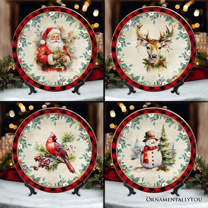 (Pre-Order) Holiday Cheer Set of 4 Plates with Real Gold Plaid Trim, Christmas Tableware Collection for Salad, Dessert, Appetizer, and Side Plates Plate Sets OrnamentallyYou