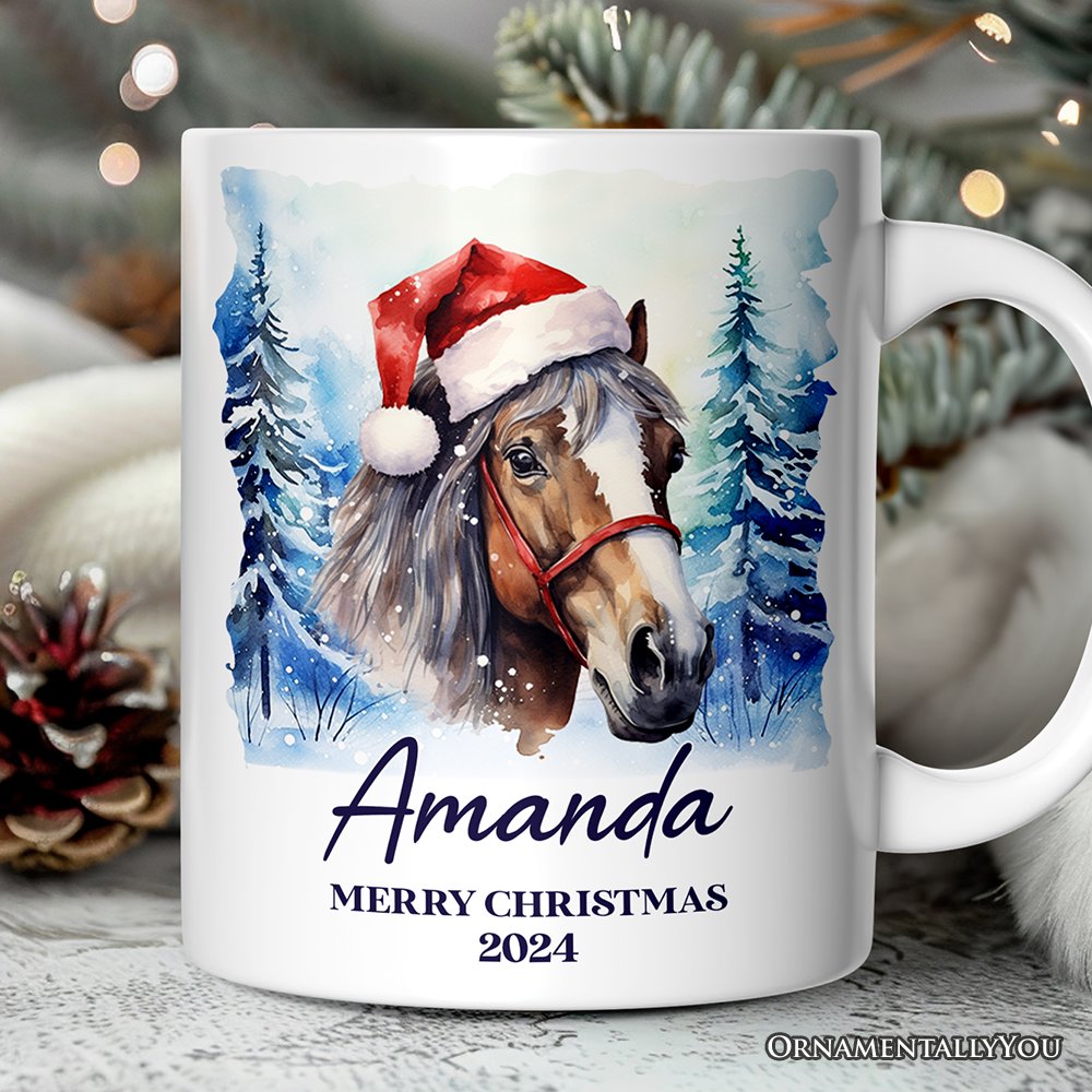 Horse with Santa Hat Personalized Mug, Winter Forest Christmas Gift With Custom Name and Date Personalized Ceramic Mug OrnamentallyYou 12oz Mug Customized