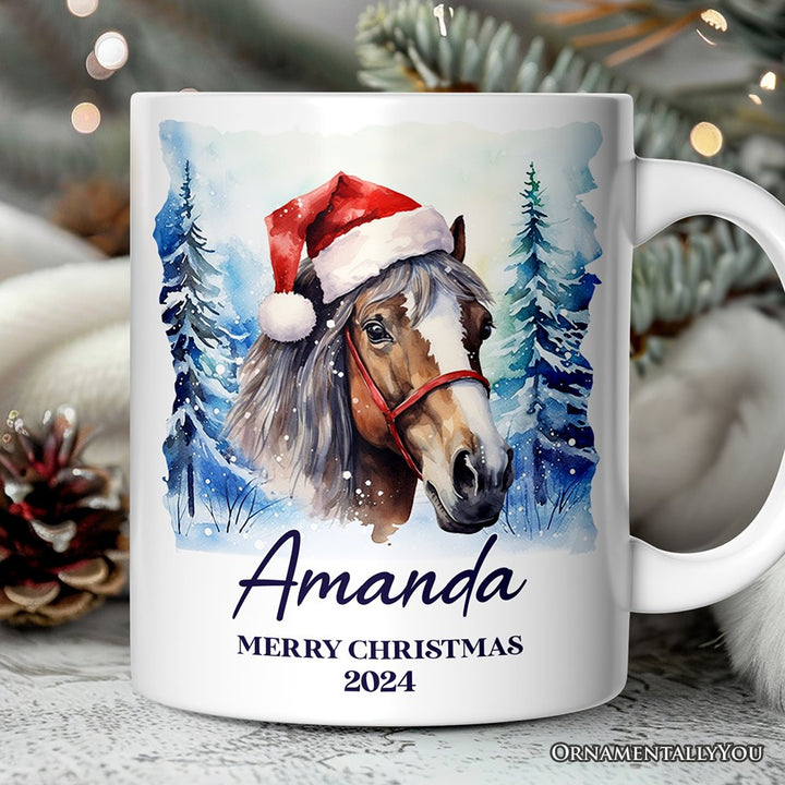 Horse with Santa Hat Personalized Mug, Winter Forest Christmas Gift With Custom Name and Date Personalized Ceramic Mug OrnamentallyYou 12oz Mug Customized
