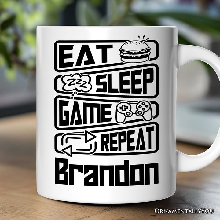 Eat Sleep Game Repeat Personalized Mug, Funny Gamer Gift With Custom Name Personalized Ceramic Mug OrnamentallyYou 12oz Mug Customized