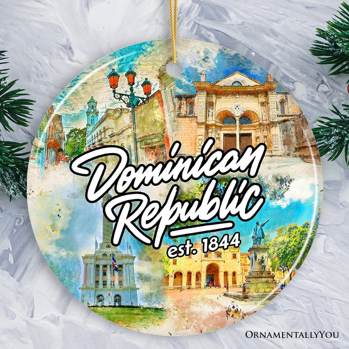Illustrated Tropical Dominican Republic Ceramic Ornament, Caribbean Travel Souvenir and Christmas Gift Ceramic Ornament OrnamentallyYou Circle
