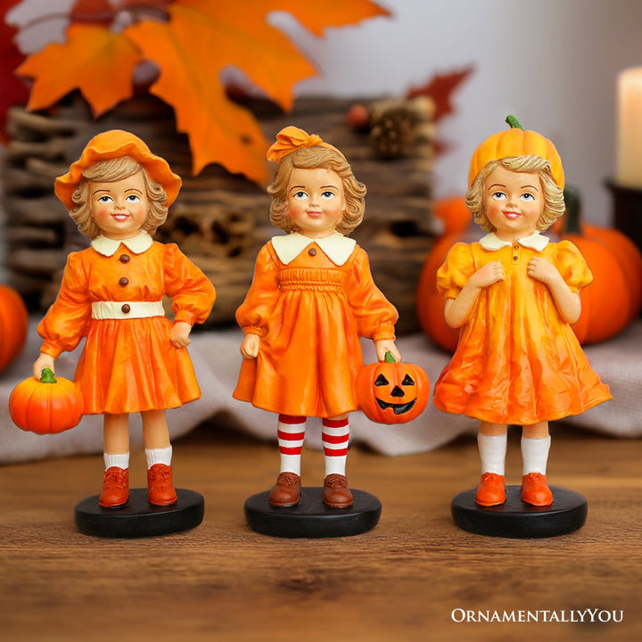 Inviting Pumpkin Girl Trio Set of Figurines, 6" Victorian Autumn Fall and Halloween Table Decoration Resin Statues OrnamentallyYou