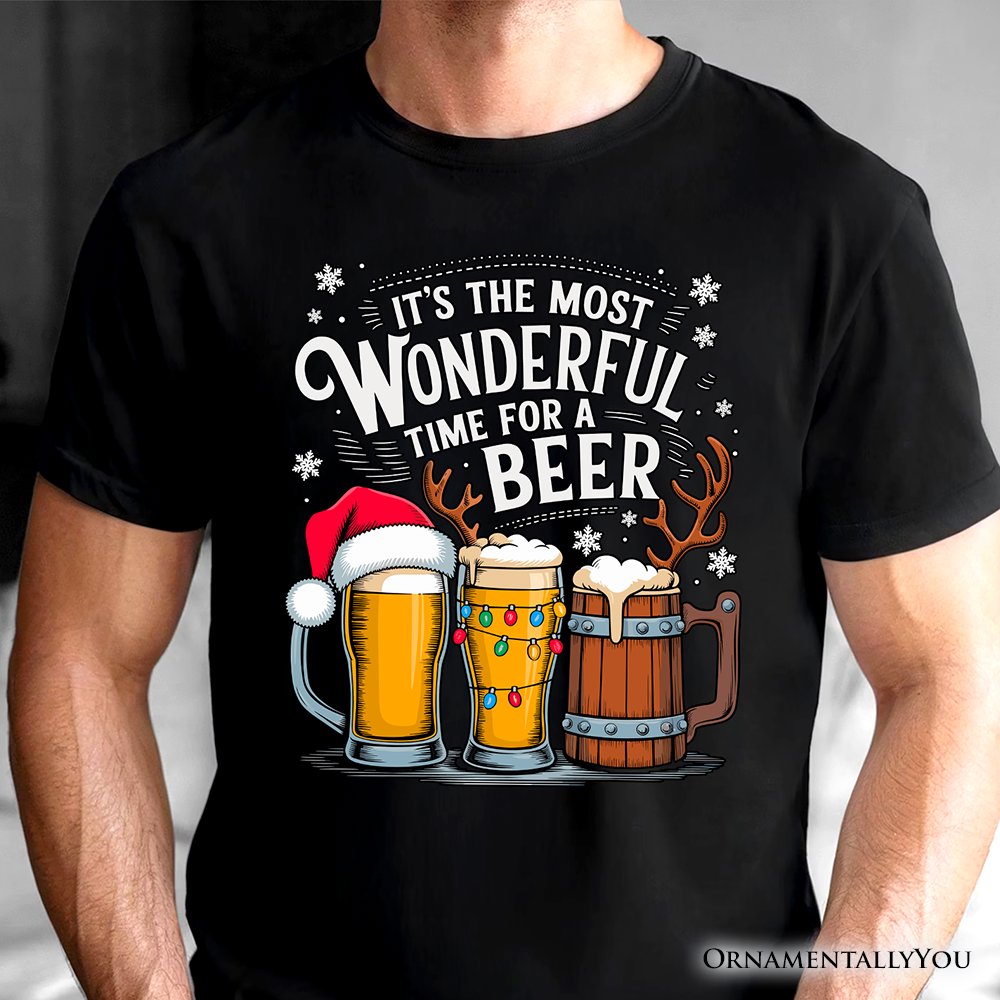 OrnamentallyYou It's The Most Wonderful Time for A Beer T-Shirt, Funny Holiday Beer Christmas Tee, Adult Unisex, Size: XS, Brown, image size:1000x1000