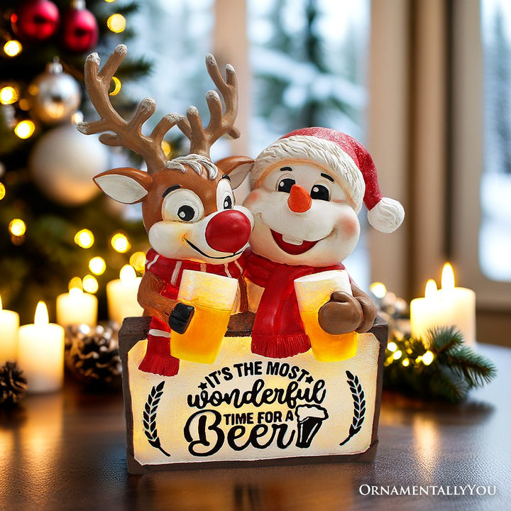 (Pre-Order) It's the Most Wonderful Time for a Beer Festive Figurine, 8" Snowman and Reindeer Christmas Party Statue Resin Statues OrnamentallyYou