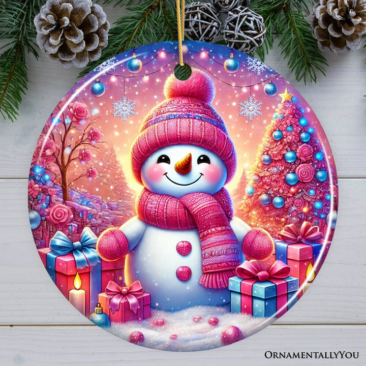 Joyful Frost Snowman Pink Themed Ornament, Festive Winter Spirit for Holiday Gift Ceramic Ornament OrnamentallyYou