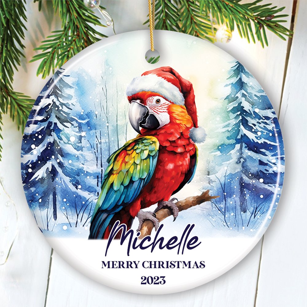 Macaw Parrot with Santa Hat Personalized Ornament, Winter Forest Christmas Gift With Custom Name and Date Ceramic Ornament OrnamentallyYou Circle 