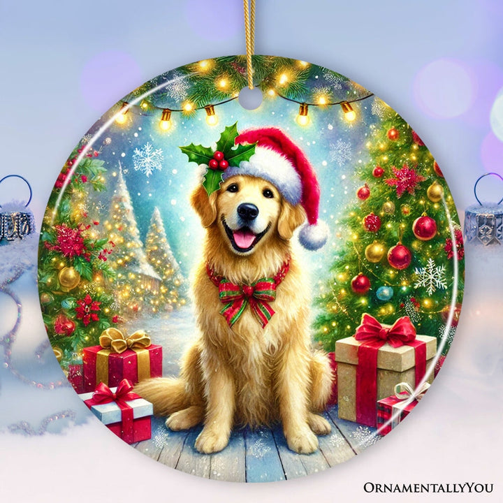 Majestic Golden Retriever with Santa Hat Ornament, Delightful Christmas Gift and Decor Ceramic Ornament OrnamentallyYou