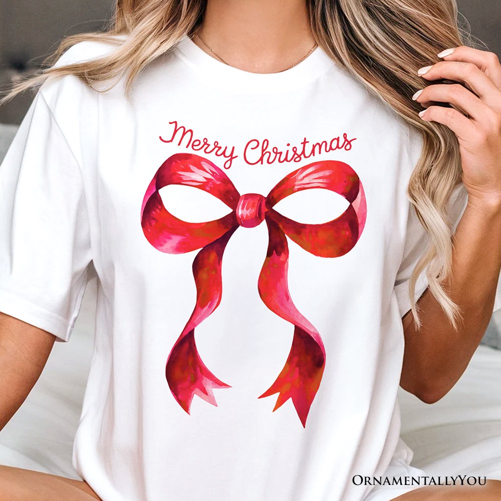 Merry Christmas Red Coquette Bow T‑Shirt, Minimalist Holiday Ribbon Tee for Festive Season T-Shirts OrnamentallyYou