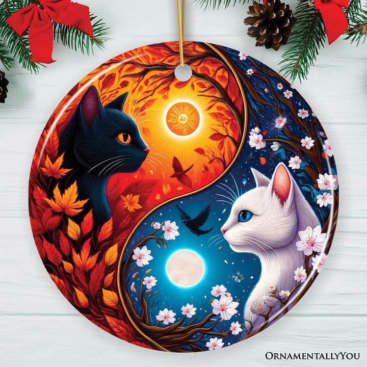 Mystical Seasons Yin and Yang Cats Ceramic Ornament, Gift for White and Black Kitten Lovers Ceramic Ornament OrnamentallyYou Circle