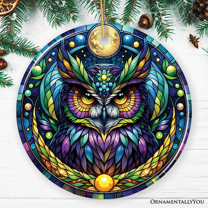 Nocturnal Enchanter Mysterious Owl Stained Glass Style Ceramic Ornament, Halloween Themed Christmas Gift and Decor Ceramic Ornament OrnamentallyYou Circle
