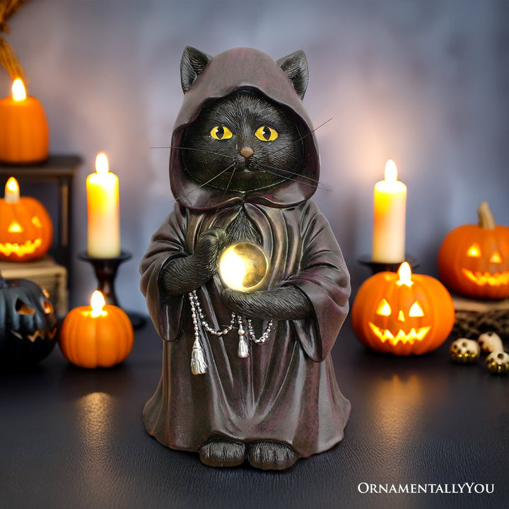 Ominous Black Cat Wizard Figurine, 7" Solar Light Gothic Yard Statue Decor Resin Statues OrnamentallyYou