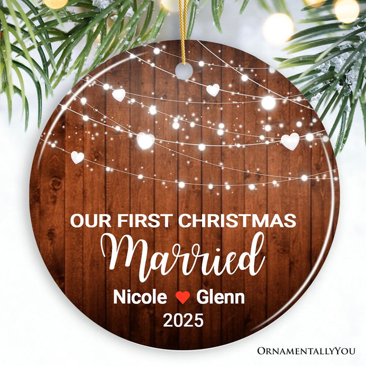 Our First Christmas Married Customized Rustic Theme Ornament Ceramic Ornament OrnamentallyYou Circle