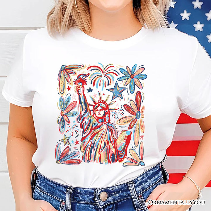 Patriotic Statue of Liberty and Fireworks T-Shirt, Festive 4th of July Tee T-Shirts OrnamentallyYou