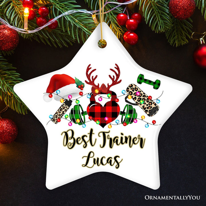 Personalized Gym Buffalo Plaid Leopard Merry Christmas Ornament, Personal Trainer Gift Ceramic Ornament OrnamentallyYou Star