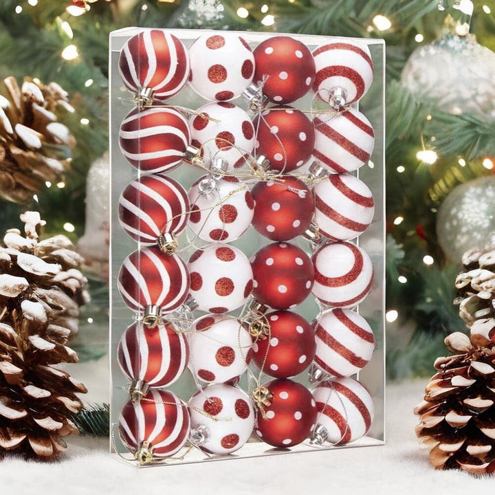 Polka Dot and Candycane Color Style Ornament Ball Bundle, Set of 24 Red and White Patterned Christmas Baubles Ornament Bundle OrnamentallyYou