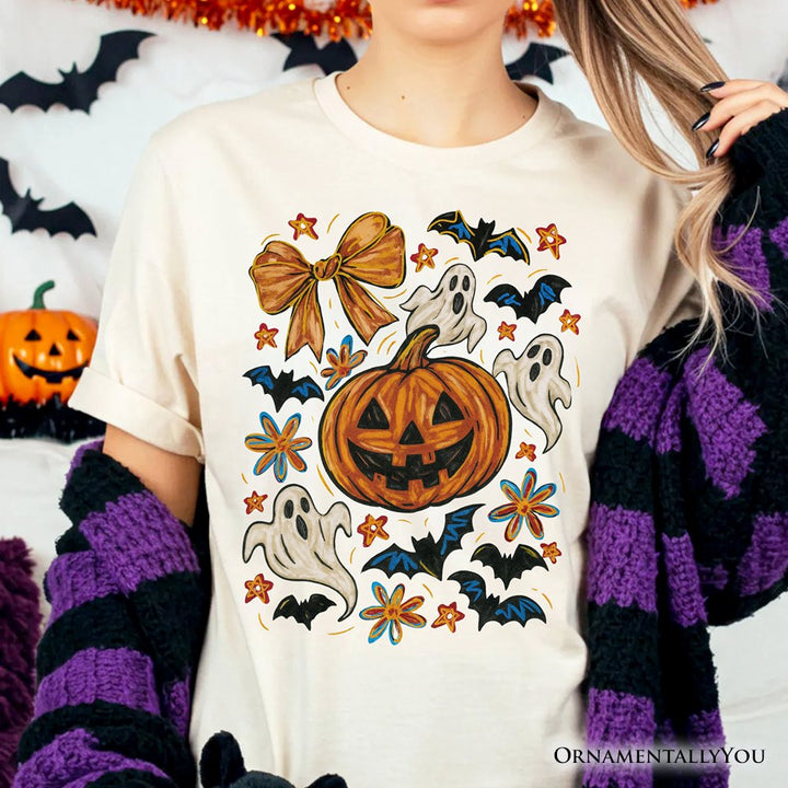 Pumpkin Ghosts Coquette Bow T-Shirt, Retro Fall Spooky Tee for Cute Trick-or-Treaters T-Shirts OrnamentallyYou