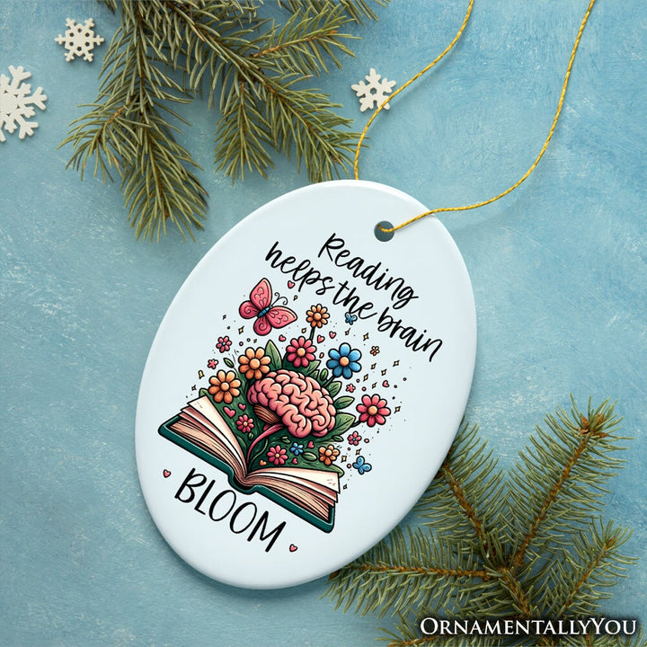 Reading Helps the Brain Bloom Unique Handcrafted Ornament, Booklover Gift with Flowers and Butterflies Art Ceramic Ornament OrnamentallyYou