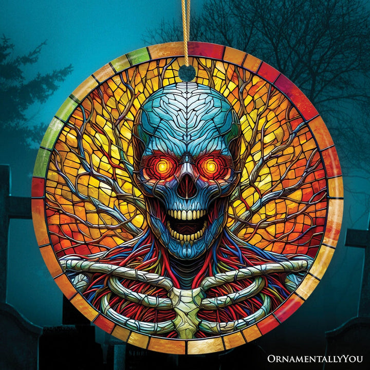 Red-Eyed Skeleton for Halloween Frights Stained Glass Style Ceramic Ornament, Halloween Themed Christmas Gift Ceramic Ornament OrnamentallyYou Circle