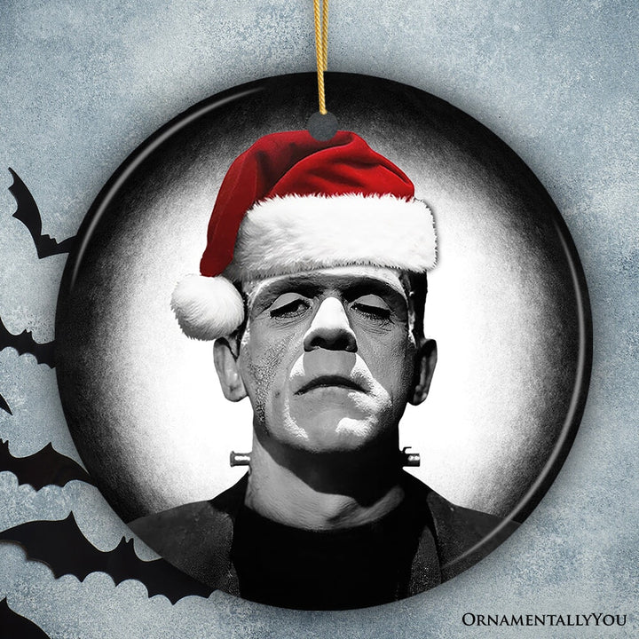 Retro Frankenstein with Santa Hat Ceramic Ornament, Creepy Holiday Gift And Decor Ceramic Ornament OrnamentallyYou Circle