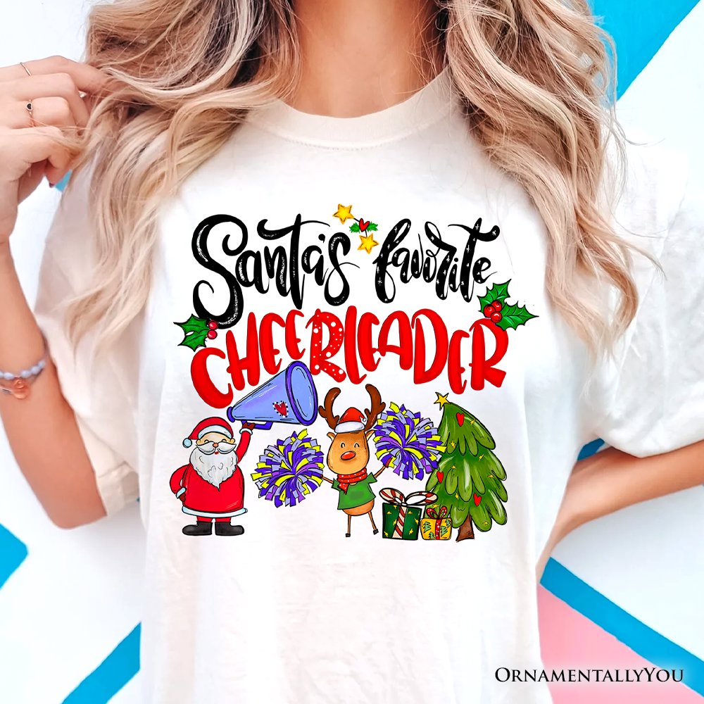 Santa's Favorite Cheerleader Sparkly Holiday Tee | OrnamentallyYou, image size:1000x1000