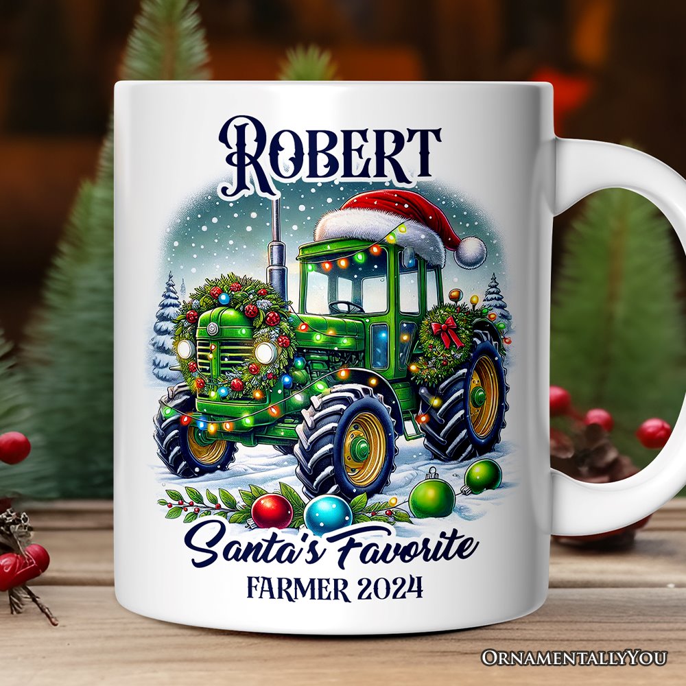 Santa's Favorite Farmer Personalized Mug, Christmas Green Tractor Gift with Custom Name Personalized Ceramic Mug OrnamentallyYou 12oz Mug Customized