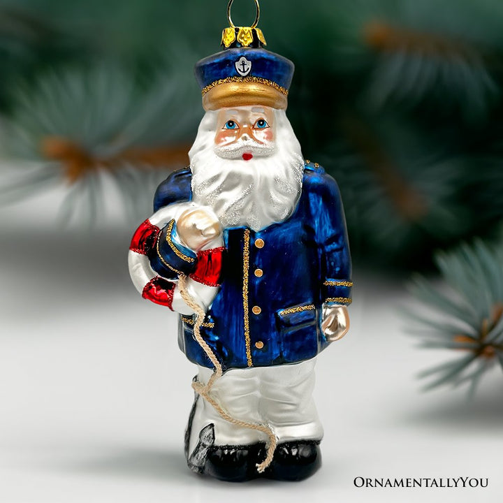 (Pre-Order) Santa the Ship Captain Glass Ornament, Gift for Boat Commander of the Seas Glass Ornament OrnamentallyYou