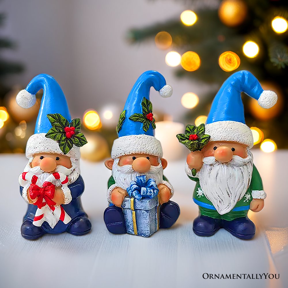 Sky Blue Hat Festive Holiday Gnome Set of Three Miniature Christmas Tabletop Figurine Statues Resin Statues OrnamentallyYou