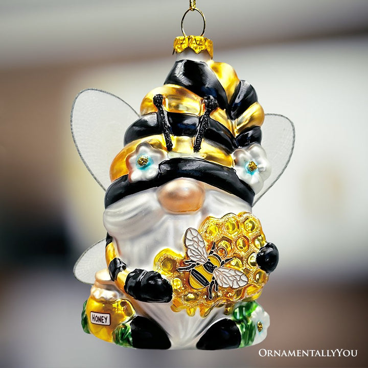 (Pre-Order) Sparkling Bee Gnome Glass Christmas Ornament, Bumblebee Themed Holiday Decor Glass Ornament OrnamentallyYou