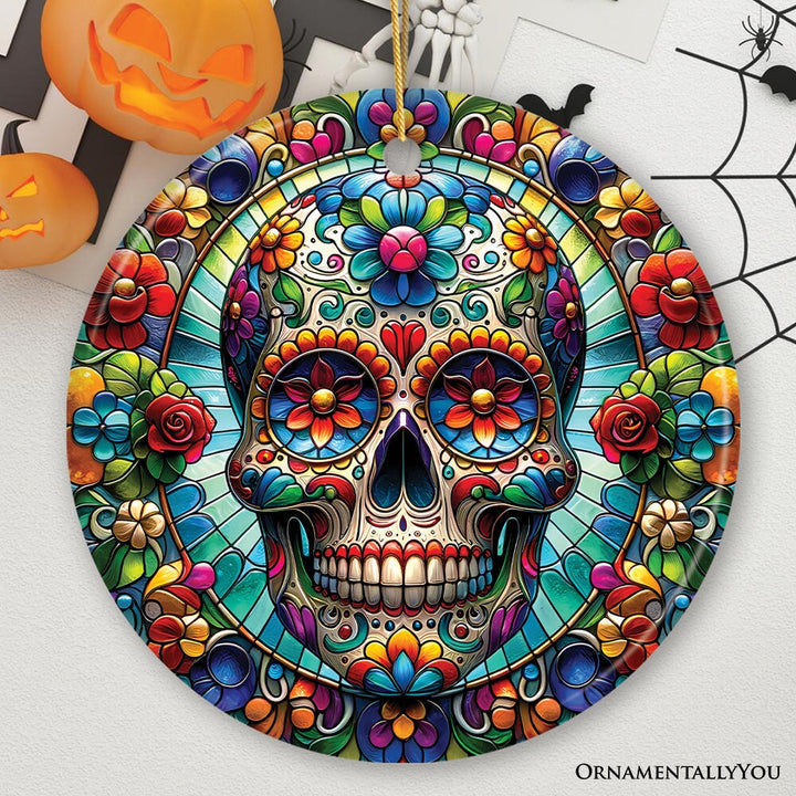 Sugar Skull Stained Glass Themed Ceramic Ornament, Day of the Dead Mexican Christmas Gift Ceramic Ornament OrnamentallyYou Circle