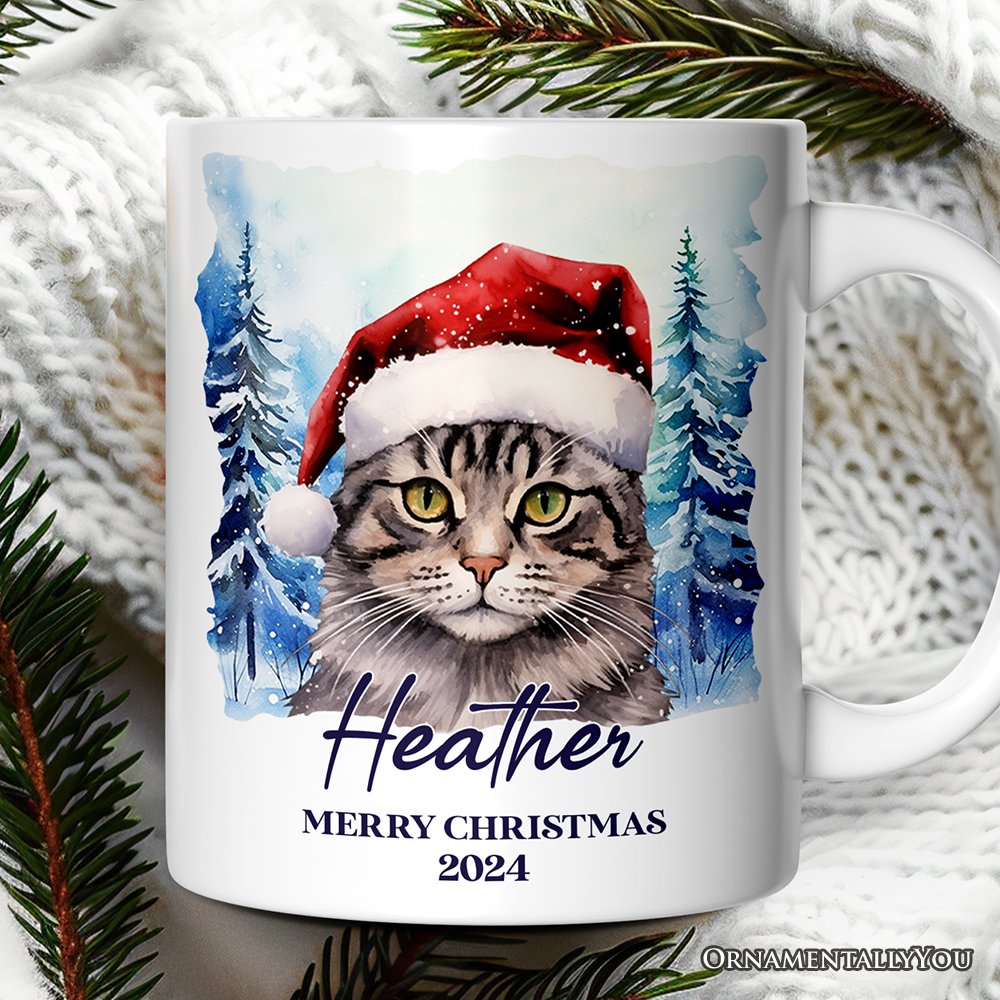 Tabby Cat with Santa Hat Personalized Mug, Winter Forest Christmas Gift With Custom Name and Date Personalized Ceramic Mug OrnamentallyYou 12oz Mug Customized