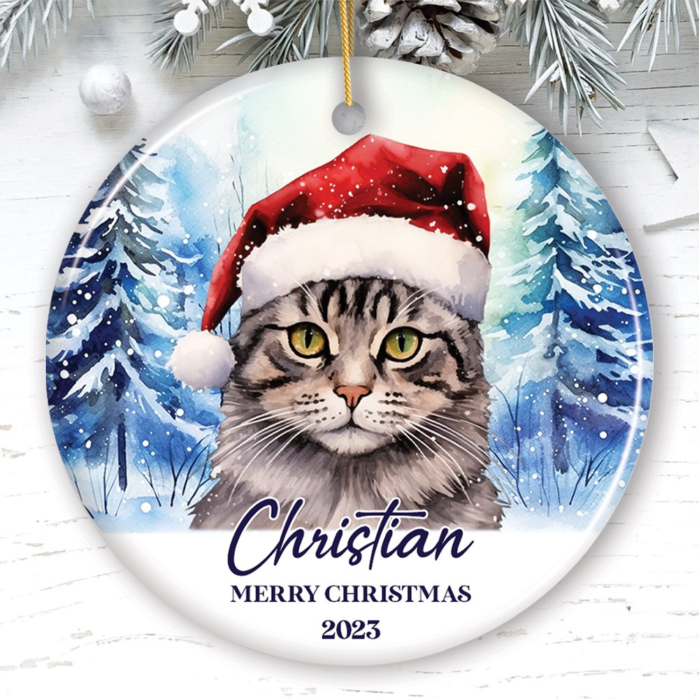Tabby Cat with Santa Hat Personalized Ornament, Winter Forest Christmas Gift With Custom Name and Date Ceramic Ornament OrnamentallyYou Circle 